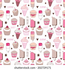 Seamless pattern with ice cream and sweet cupcake background in vector.