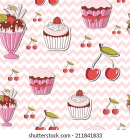 Seamless pattern with ice cream and sweet cupcake background in vector. Used for wallpaper, pattern fills, web page background,surface textures.