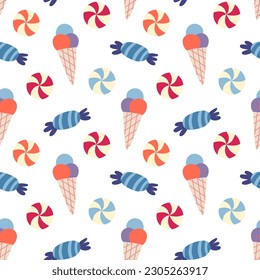 Seamless pattern with ice cream, sweets. Vector background with a birthday theme.