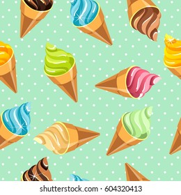 Seamless pattern of ice cream sweets cone on a green background with dots