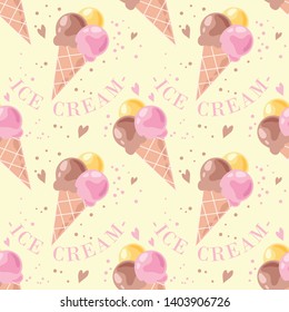 Seamless pattern with ice cream and the text "ice cream" on a gentle yellow background. Multicolored and delicious balls of ice cream in a waffle cone. Vector illustration.