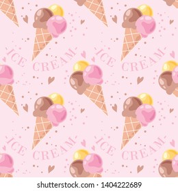 Seamless pattern with ice cream and the text "ice cream" on a pink background. Delicious balls of ice cream in a waffle cone. Vector illustration.