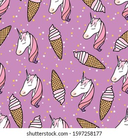 Seamless pattern with ice cream and unicorn head