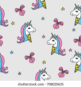 Seamless pattern with ice cream unicorns and stars. Baby background.