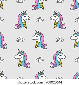 Seamless pattern with ice cream unicorns and Clouds. Baby background.