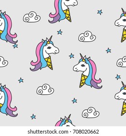 Seamless pattern with ice cream unicorns,Clouds and stars. Baby background.