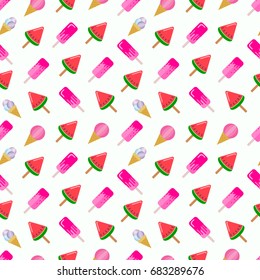 Seamless pattern with ice cream. Various food icons at white repeatable background. Vector illustration.