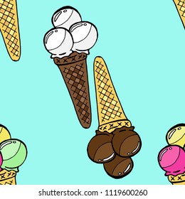 Seamless pattern of ice cream. Vector illustration of a seamless background of chocolate, vanilla, fruit ice cream cone. Hand drawn ice cream cone.