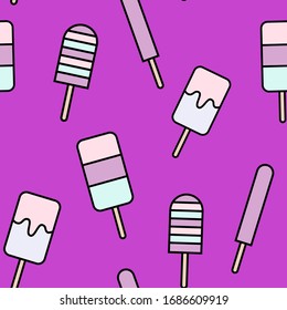 Seamless pattern with ice cream. Vector illustration with sweets. Enjoy the summer. Flat style illustration on a purple background.Collage elements texture for textile, fabric, wrapping paper