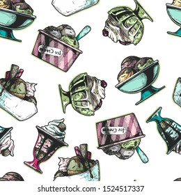 Seamless pattern with Ice Cream in vintage engraved style. On white background.  