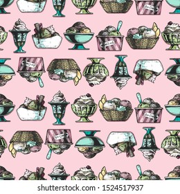 Seamless pattern with Ice Cream in vintage engraved style. 