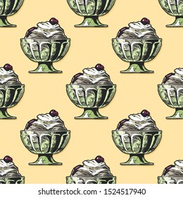 Seamless pattern with Ice Cream in vintage engraved style. 