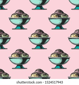 Seamless pattern with Ice Cream in vintage engraved style. 