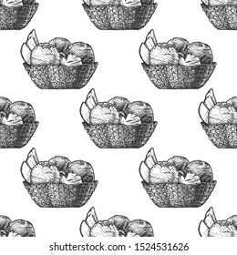 Seamless pattern with Ice Cream in vintage engraved style. On white background.  