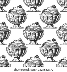 Seamless pattern with Ice Cream in vintage engraved style. On white background.  