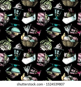 Seamless pattern with Ice Cream in vintage engraved style. 