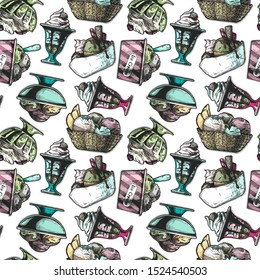 Seamless pattern with Ice Cream in vintage engraved style. On white background.  