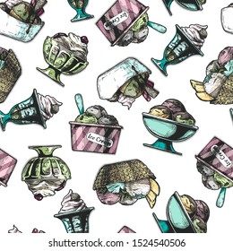 Seamless pattern with Ice Cream in vintage engraved style. On white background.  