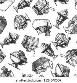 Seamless pattern with Ice Cream in vintage engraved style. On white background.  