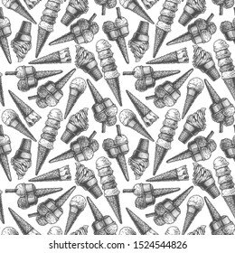 Seamless pattern with ice cream in vintage engraved style. On white background.  