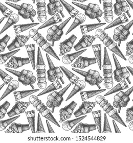 Seamless pattern with ice cream in vintage engraved style. On white background.  