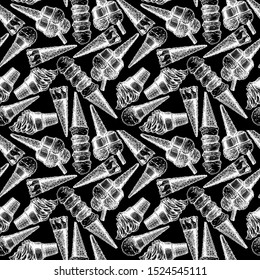 Seamless pattern with ice cream in vintage engraved style. On black background.  