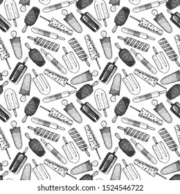 Seamless pattern with ice cream in vintage engraved style. On white background.  