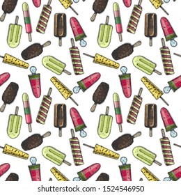 Seamless pattern with ice cream in vintage engraved style. On white background.  