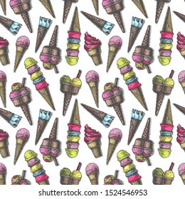 Seamless pattern with ice cream in vintage engraved style. On white background.  