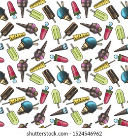 Seamless pattern with ice cream in vintage engraved style. On white background.  