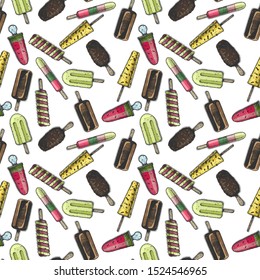 Seamless pattern with ice cream in vintage engraved style. On white background.  