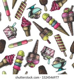 Seamless pattern with ice cream in vintage engraved style. On white background.  