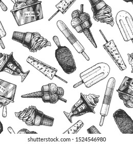 Seamless pattern with ice cream in vintage engraved style. On white background.  