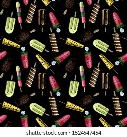 Seamless pattern with ice cream in vintage engraved style. On black background.  
