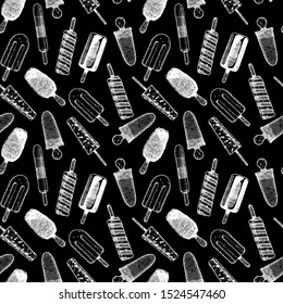 Seamless pattern with ice cream in vintage engraved style. On black background.  