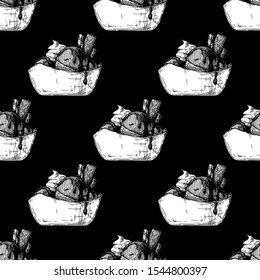 Seamless pattern with Ice Cream in vintage engraved style. On black background.