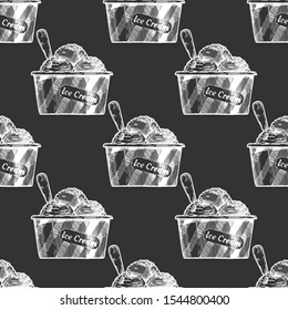 Seamless pattern with Ice Cream in vintage engraved style. On black background.