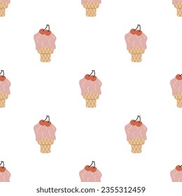 Seamless pattern with ice cream. Vintage groovy Icecream, vector isolated on white background, Retro dessert, Vintage nostalgia element 70s, 80s, 90s vibes.