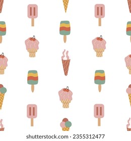 Seamless pattern with ice cream. Vintage groovy Icecream, vector isolated on white background, Retro dessert, Vintage nostalgia element 70s, 80s, 90s vibes.