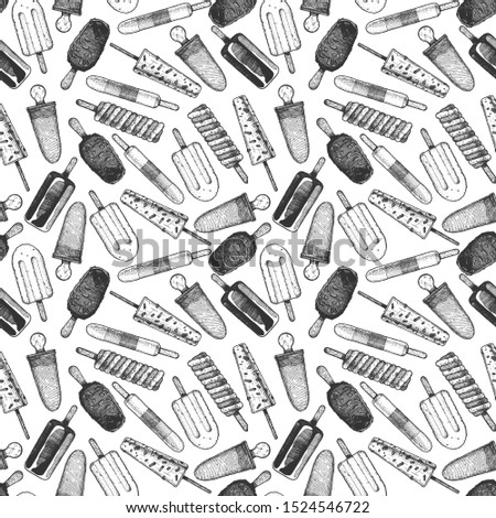 Seamless pattern with ice cream in vintage engraved style. On white background.  