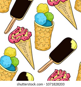 seamless pattern ice cream in a waffle cone  vector illustration