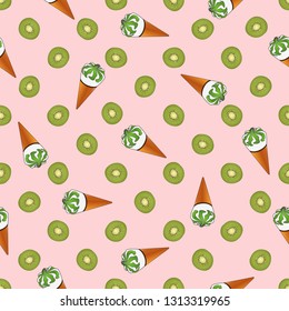 Seamless pattern of ice cream in a waffle cup and kiwi. Great for decorating fabrics, textiles, gift wrapping design, any printed materials, including advertising.