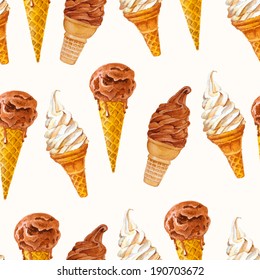 Seamless pattern with ice cream waffle cones. Watercolor illustration on texture paper. Vintage style. Vector.