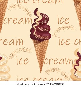 patrón transparente de helado en un cono de gofre. dibujo acuarela de helado. con helados para el diseño de productos de café. ilustración vectorial de stock. EPS 10.