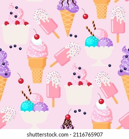 seamless pattern of ice cream in waffle cones, cups and popsicles on a pink background. different dessert with berries forms a pink background. flat drawing, stock vector illustration. EPS 10.