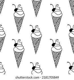 Nahtloses Muster mit Eis in einem Waffelbecher mit Kirsche. Hintergrund aus schönem Eis.