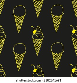 Seamless pattern with ice cream in a waffle cup with cherry. Neon background from beautiful ice cream.