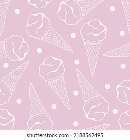 Seamless pattern with ice cream in a waffle cone and polka dot. Ideal for fabric, printing, decoration. Vector illustration
