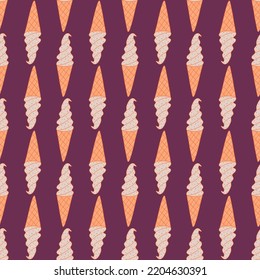 Seamless pattern with ice cream in a waffle cup in the shape of a cone. Colorful vector doodle illustration hand drawn on a purple background. Wrapping or textile print. Paper art template