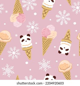 Seamless pattern with ice cream in waffle cups and in the shape of a panda. Vector graphics.